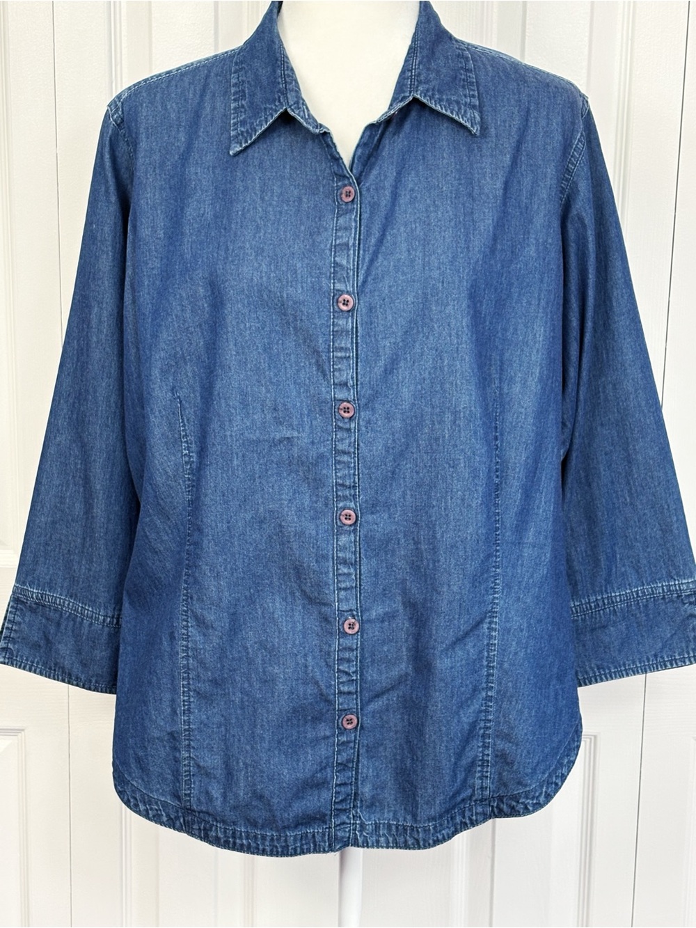 Columbia Sportswear Medium Wash Blue Denim 3/4 Sleeve Button Up Shirt XL